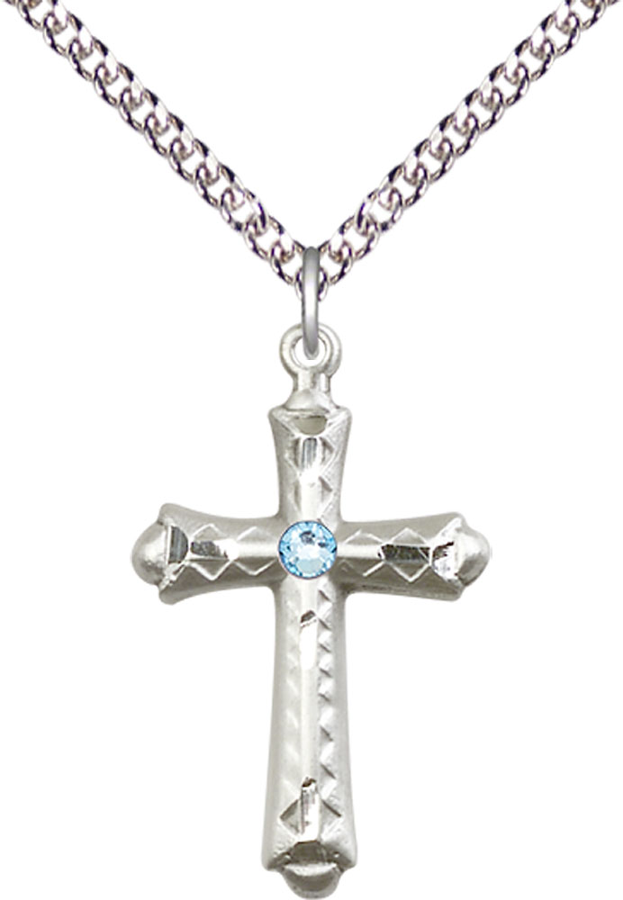 Sterling Silver Cross Pendant with a 3mm Aqua Swarovski stone on a 24 inch Sterling Silver Heavy Curb chain