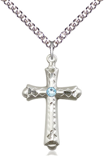 Sterling Silver Cross Pendant with a 3mm Aqua Swarovski stone on a 24 inch Sterling Silver Heavy Curb chain