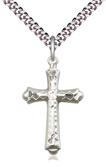 Sterling Silver Cross Pendant with a 3mm Crystal Swarovski stone on a 24 inch Light Rhodium Heavy Curb chain