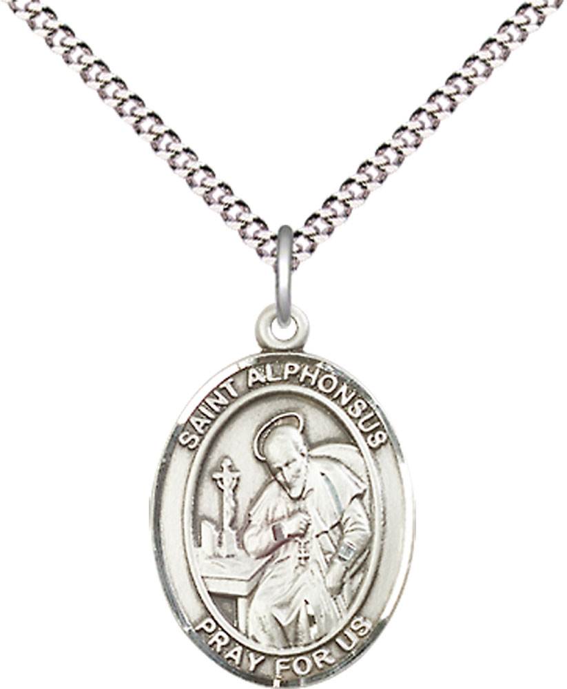 Sterling Silver Saint Alphonsus Pendant on a 18 inch Light Rhodium Light Curb chain