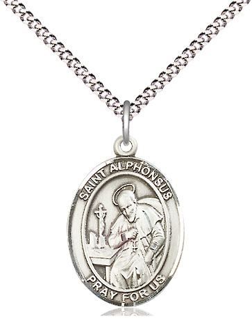 Sterling Silver Saint Alphonsus Pendant on a 18 inch Light Rhodium Light Curb chain