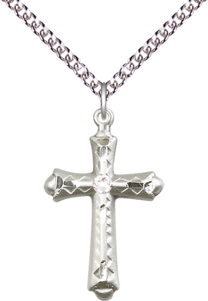 Sterling Silver Cross Pendant with a 3mm Crystal Swarovski stone on a 24 inch Sterling Silver Heavy Curb chain