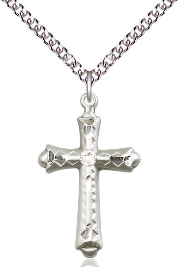 Sterling Silver Cross Pendant with a 3mm Crystal Swarovski stone on a 24 inch Sterling Silver Heavy Curb chain