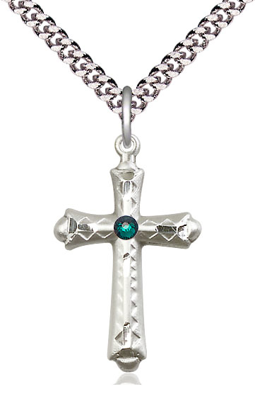 Sterling Silver Cross Pendant with a 3mm Emerald Swarovski stone on a 24 inch Light Rhodium Heavy Curb chain