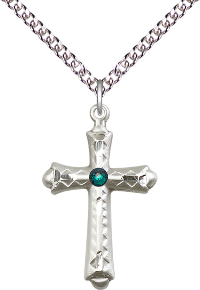 Sterling Silver Cross Pendant with a 3mm Emerald Swarovski stone on a 24 inch Sterling Silver Heavy Curb chain