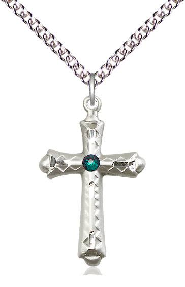 Sterling Silver Cross Pendant with a 3mm Emerald Swarovski stone on a 24 inch Sterling Silver Heavy Curb chain