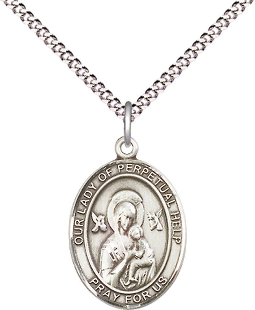 Sterling Silver Our Lady of Perpetual Help Pendant on a 18 inch Light Rhodium Light Curb chain