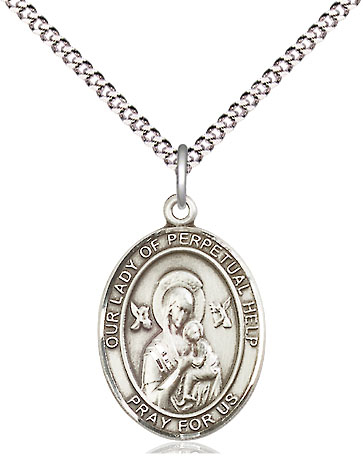 Sterling Silver Our Lady of Perpetual Help Pendant on a 18 inch Light Rhodium Light Curb chain