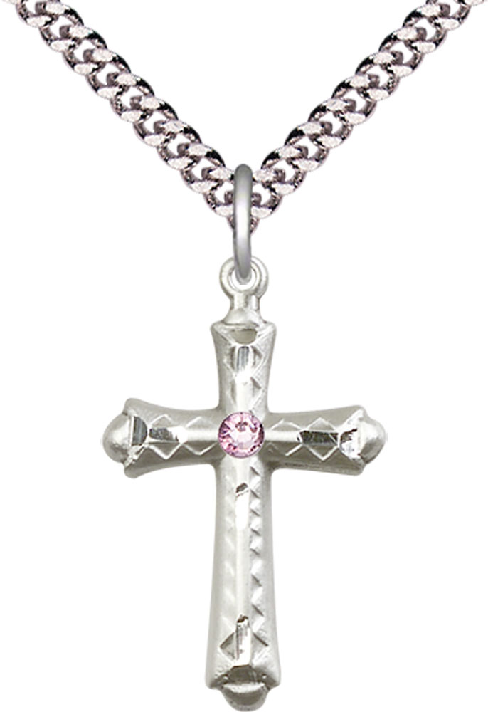 Sterling Silver Cross Pendant with a 3mm Light Amethyst Swarovski stone on a 24 inch Light Rhodium Heavy Curb chain