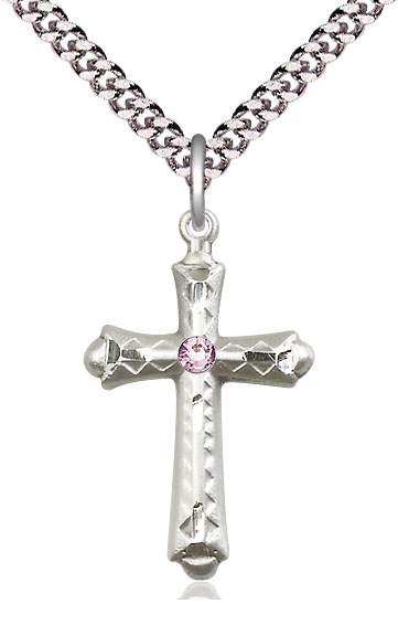 Sterling Silver Cross Pendant with a 3mm Light Amethyst Swarovski stone on a 24 inch Light Rhodium Heavy Curb chain