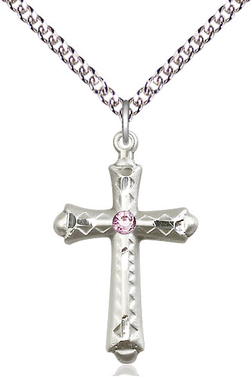 Sterling Silver Cross Pendant with a 3mm Light Amethyst Swarovski stone on a 24 inch Sterling Silver Heavy Curb chain