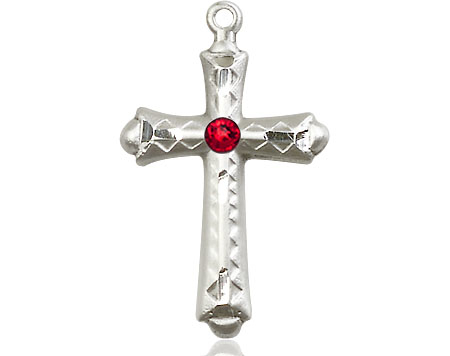 Sterling Silver Cross Medal with a 3mm Ruby Swarovski stone