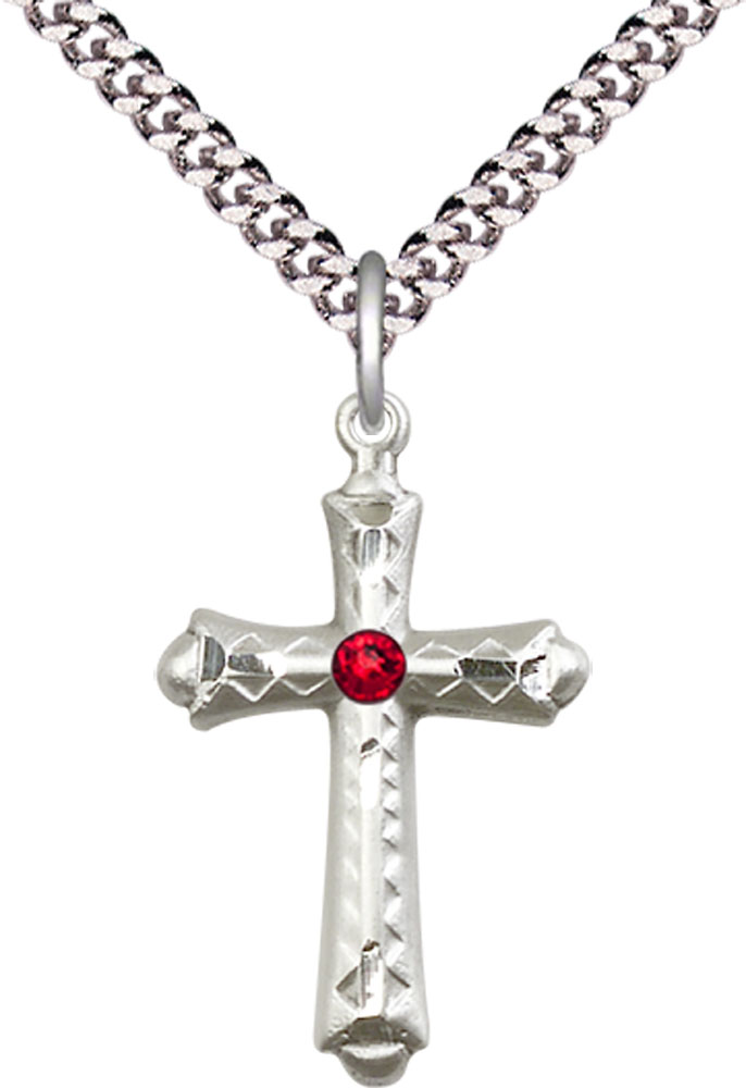 Sterling Silver Cross Pendant with a 3mm Ruby Swarovski stone on a 24 inch Light Rhodium Heavy Curb chain