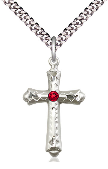 Sterling Silver Cross Pendant with a 3mm Ruby Swarovski stone on a 24 inch Light Rhodium Heavy Curb chain