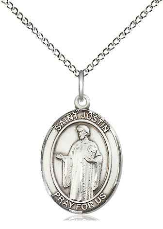 Sterling Silver Saint Justin Pendant on a 18 inch Sterling Silver Light Curb chain