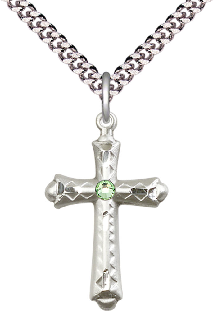 Sterling Silver Cross Pendant with a 3mm Peridot Swarovski stone on a 24 inch Light Rhodium Heavy Curb chain