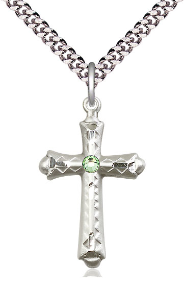 Sterling Silver Cross Pendant with a 3mm Peridot Swarovski stone on a 24 inch Light Rhodium Heavy Curb chain