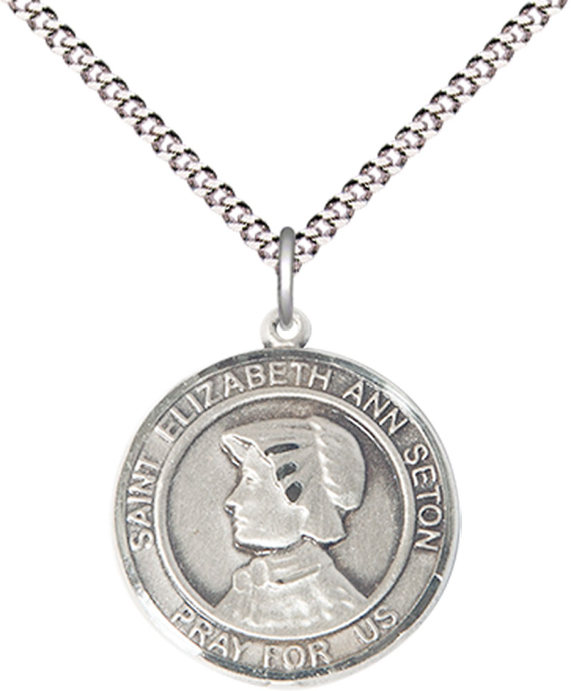 Sterling Silver Saint Elizabeth Ann Seton Pendant on a 18 inch Light Rhodium Light Curb chain