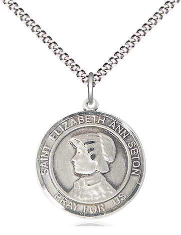 Sterling Silver Saint Elizabeth Ann Seton Pendant on a 18 inch Light Rhodium Light Curb chain