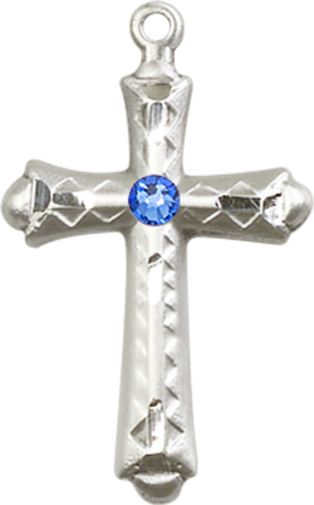 Sterling Silver Cross Medal with a 3mm Sapphire Swarovski stone