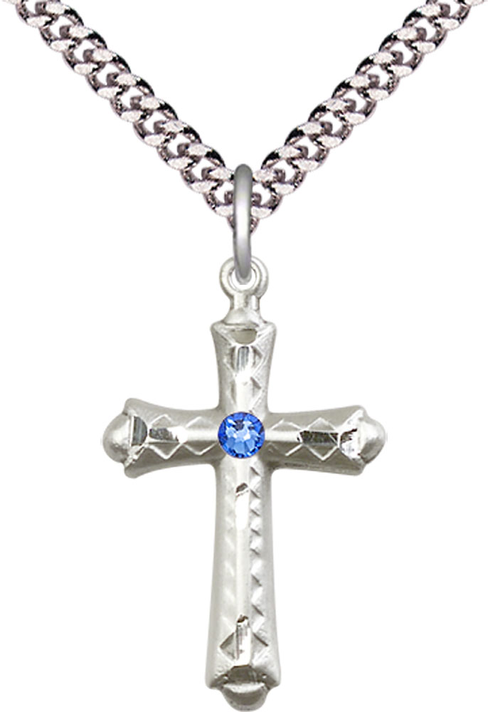 Sterling Silver Cross Pendant with a 3mm Sapphire Swarovski stone on a 24 inch Light Rhodium Heavy Curb chain