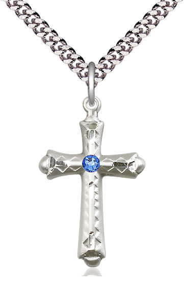 Sterling Silver Cross Pendant with a 3mm Sapphire Swarovski stone on a 24 inch Light Rhodium Heavy Curb chain