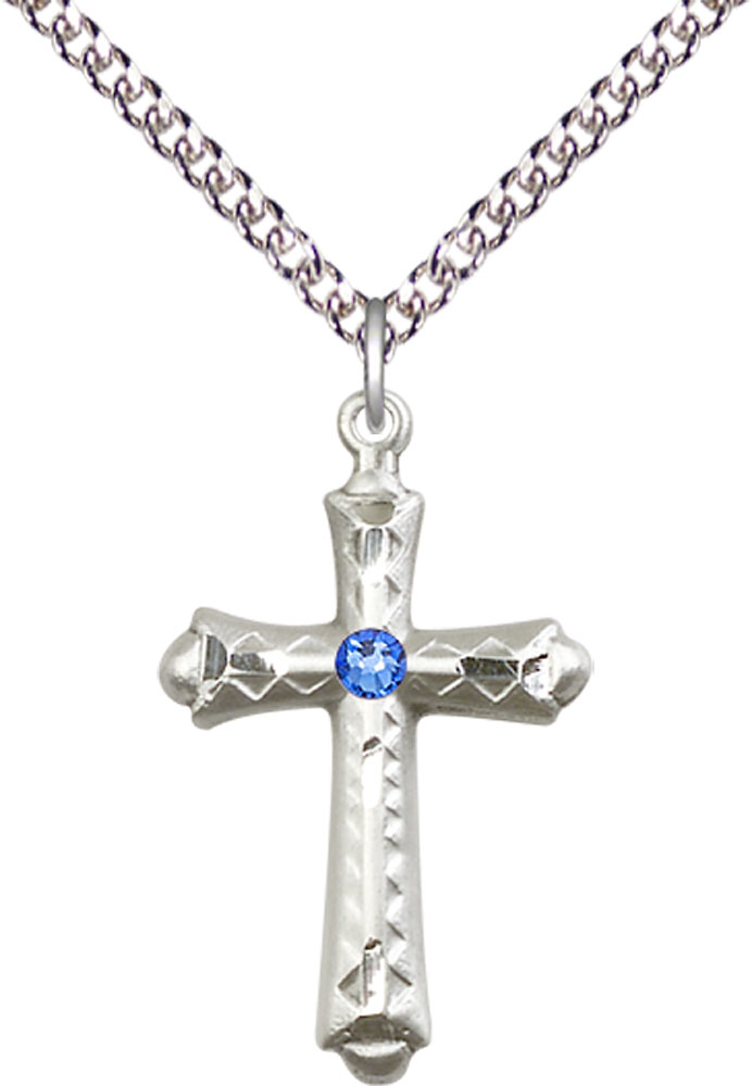 Sterling Silver Cross Pendant with a 3mm Sapphire Swarovski stone on a 24 inch Sterling Silver Heavy Curb chain