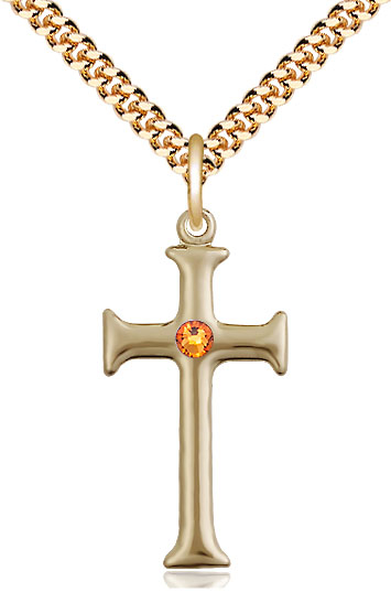 14kt Gold Filled Cross Pendant with a 3mm Topaz Swarovski stone on a 24 inch Gold Plate Heavy Curb chain