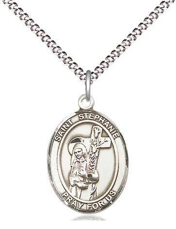 Sterling Silver Saint Stephanie Pendant on a 18 inch Light Rhodium Light Curb chain