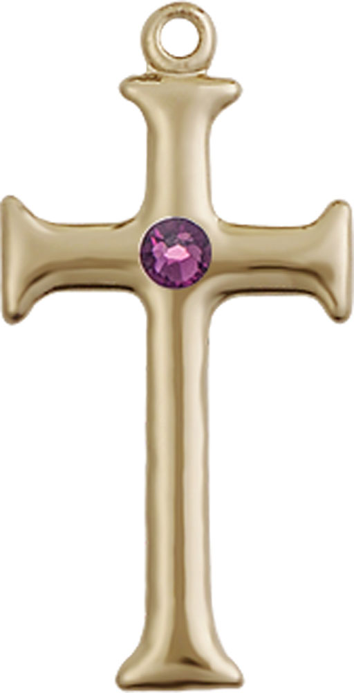 14kt Gold Filled Cross Medal with a 3mm Amethyst Swarovski stone