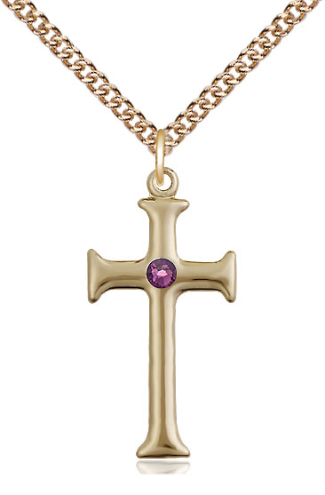 14kt Gold Filled Cross Pendant with a 3mm Amethyst Swarovski stone on a 24 inch Gold Filled Heavy Curb chain