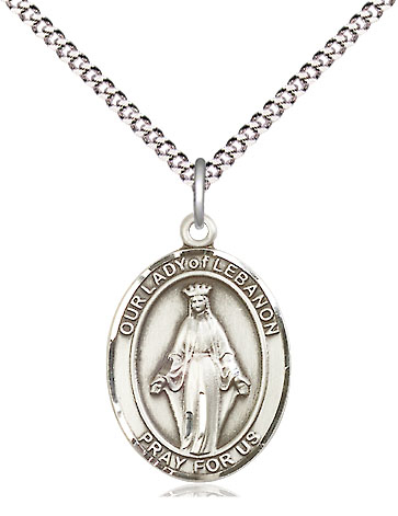 Sterling Silver Our Lady of Lebanon Pendant on a 18 inch Light Rhodium Light Curb chain