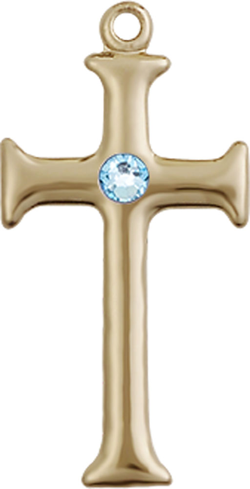 14kt Gold Filled Cross Medal with a 3mm Aqua Swarovski stone