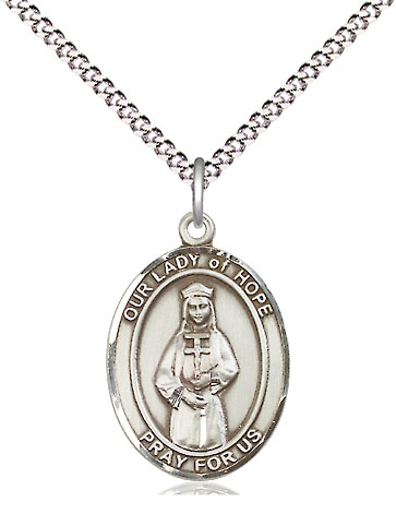 Sterling Silver Our Lady of Hope Pendant on a 18 inch Light Rhodium Light Curb chain