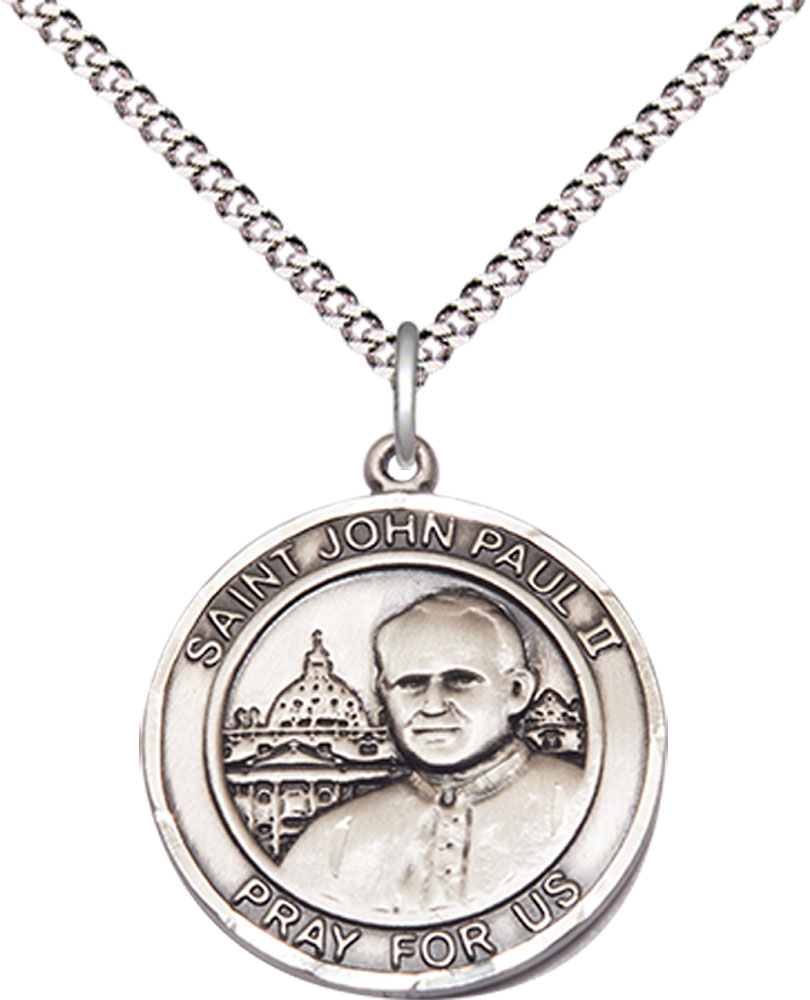 Sterling Silver Saint John Paul II Pendant on a 18 inch Light Rhodium Light Curb chain