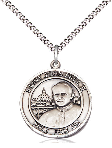 Sterling Silver Saint John Paul II Pendant on a 18 inch Light Rhodium Light Curb chain