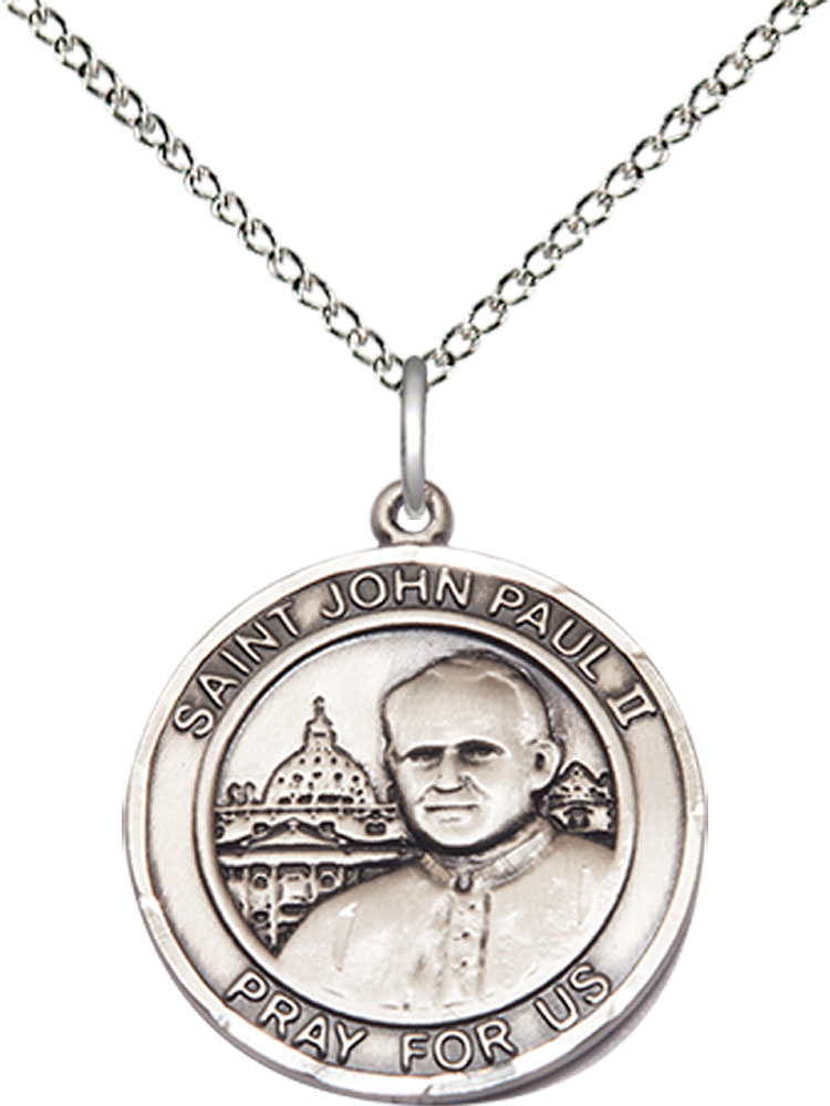 Sterling Silver Saint John Paul II Pendant on a 18 inch Sterling Silver Light Curb chain