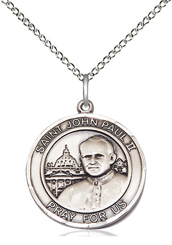 Sterling Silver Saint John Paul II Pendant on a 18 inch Sterling Silver Light Curb chain