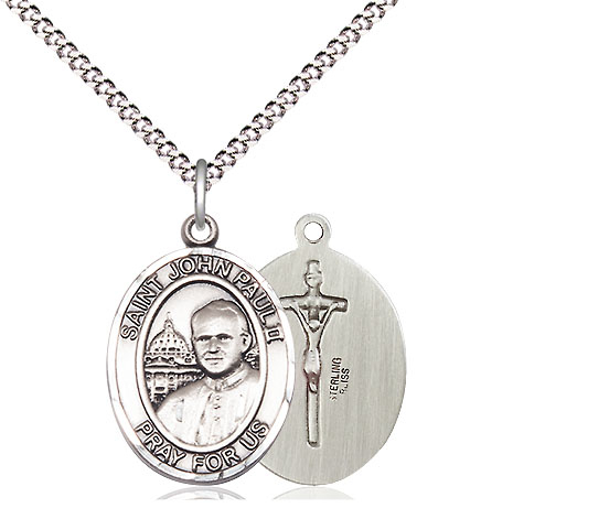 Sterling Silver Saint John Paul II Pendant on a 18 inch Light Rhodium Light Curb chain