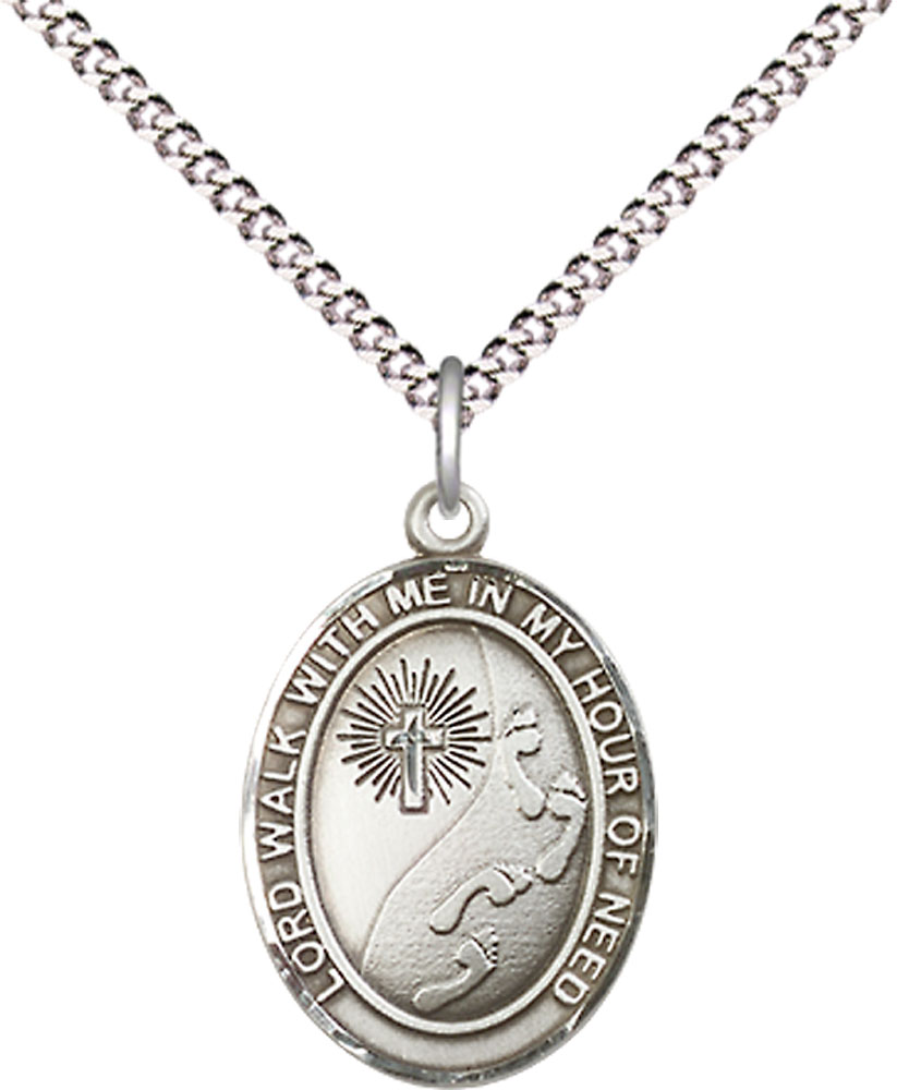 Sterling Silver Footprints Cross Pendant on a 18 inch Light Rhodium Light Curb chain