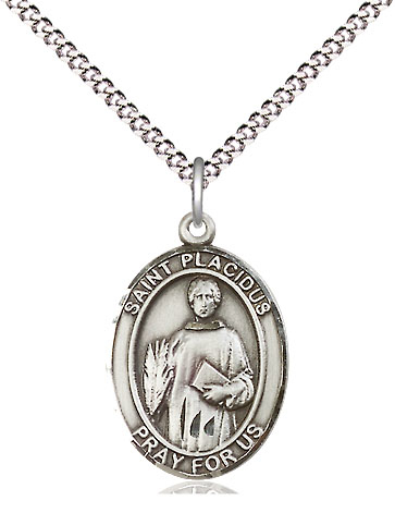 Sterling Silver Saint Placidus Pendant on a 18 inch Light Rhodium Light Curb chain