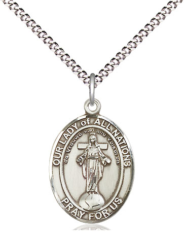 Sterling Silver Our Lady of All Nations Pendant on a 18 inch Light Rhodium Light Curb chain