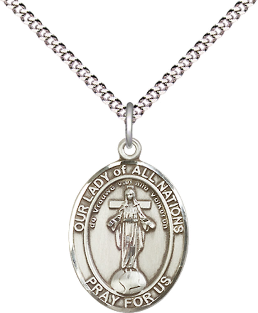 Sterling Silver Our Lady of All Nations Pendant on a 18 inch Light Rhodium Light Curb chain