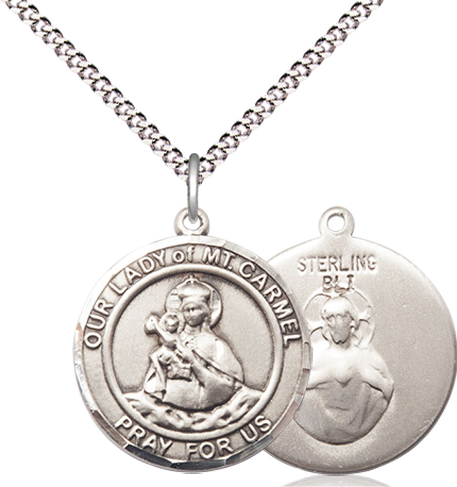 Sterling Silver Our Lady of Mount Carmel Pendant on a 18 inch Light Rhodium Light Curb chain