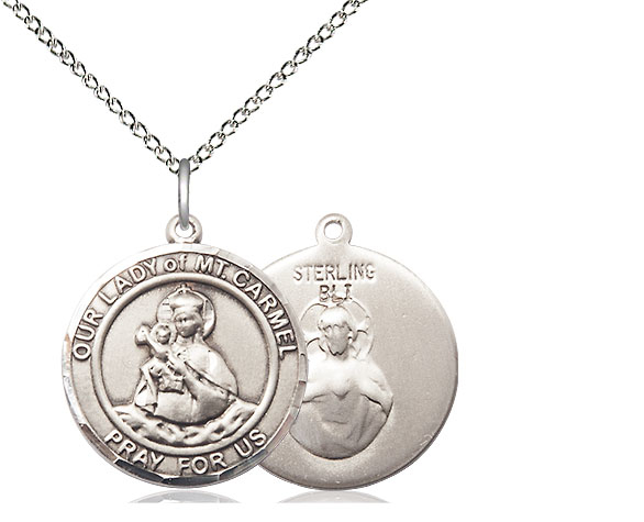 Sterling Silver Our Lady of Mount Carmel Pendant on a 18 inch Sterling Silver Light Curb chain