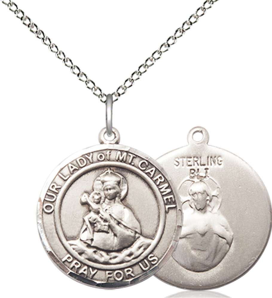 Sterling Silver Our Lady of Mount Carmel Pendant on a 18 inch Sterling Silver Light Curb chain