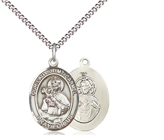 Sterling Silver Our Lady of Mount Carmel Pendant on a 18 inch Light Rhodium Light Curb chain