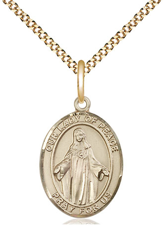 14kt Gold Filled Our Lady of Peace Pendant on a 18 inch Gold Plate Light Curb chain