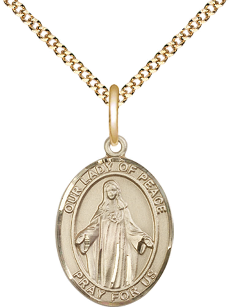 14kt Gold Filled Our Lady of Peace Pendant on a 18 inch Gold Plate Light Curb chain
