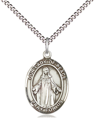 Sterling Silver Our Lady of Peace Pendant on a 18 inch Light Rhodium Light Curb chain